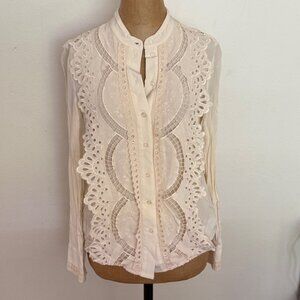Reiss 2 Embroidered detailed Cream Blouse fancy collar button front long sleeve